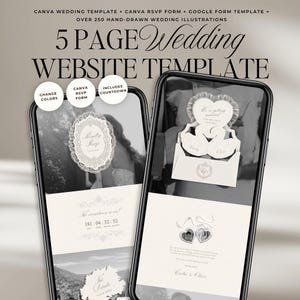 May include: A 5-page wedding website template displayed on two smartphones. The text reads: CANVA WEDDING TEMPLATE, CANVA RSVP FORM, GOOGLE FORM TEMPLATE, OVER 250 HAND-DRAWN WEDDING ILLUSTRATIONS, 5 PAGE WEDDING WEBSITE TEMPLATE, CHANGE COLORS, CANVA RSVP FORM, INCLUDES COUNTDOWN.