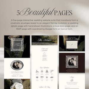 May include: A wedding website suite with five pages, featuring an elegant design. The suite includes an invitation, details page, love story, and RSVP page. The text reads "5 Beautiful PAGES".