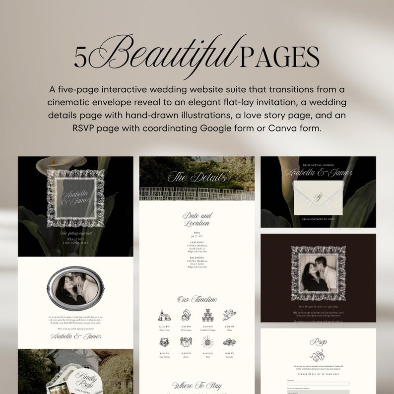 May include: A wedding website suite with five pages, featuring an elegant design. The suite includes an invitation, details page, love story, and RSVP page. The text reads "5 Beautiful PAGES".