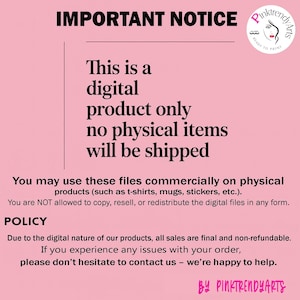 May include: A pink graphic with the text "IMPORTANT NOTICE" and "This is a digital product only, no physical items will be shipped." The text also states the commercial use of the digital files.