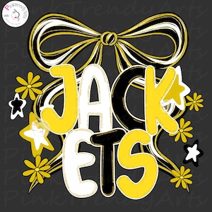 Könnte beinhalten: Grafikdesign mit dem Wort "JACKETS" in Gelb, Weiß und Schwarz, umgeben von einer Schleife, Sternen und Blumen. Das Design befindet sich auf einem dunkelgrauen Hintergrund. Die Schleife hat gelbe, schwarze und weiße Streifen.