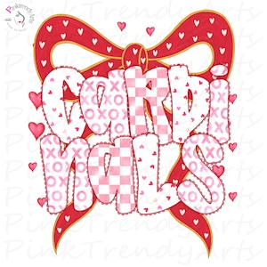 May include: A digital design featuring the text "Cardi Nails" in a playful, bubble letter style. The letters are decorated with pink hearts, XOXO patterns, and a pink and white checkered pattern. A large red bow with white hearts and gold trim frames the text, with scattered pink hearts.