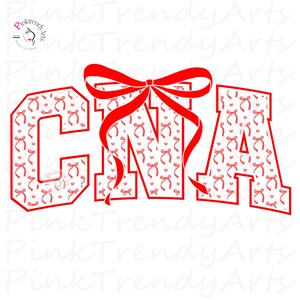 Könnte beinhalten: Rote CNA-Grafik mit einem Schleifen- und Banddesign. Die Buchstaben sind mit einem Muster aus roten Schleifen und Herzen gefüllt. Das Bild befindet sich auf weißem Hintergrund.