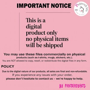 May include: Pink background with text: "IMPORTANT NOTICE" and "This is a digital product only, no physical items will be shipped." Includes usage and policy information. A logo is in the upper right corner.