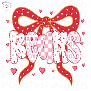 Könnte beinhalten: Eine digitale Illustration mit dem Wort "BEARS" in einer verspielten Schriftart, wobei jeder Buchstabe einzigartig gestaltet ist. Die Buchstaben sind vor einer großen roten Schleife mit weißen Herzen platziert, umgeben von schwebenden rosa Herzen.