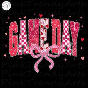 Valentine Game Day PNG, Retro Pink Game Day Patchwork Letters with Hearts and Bow, Cute Girly Sparkle Graphic Design for Sublimation