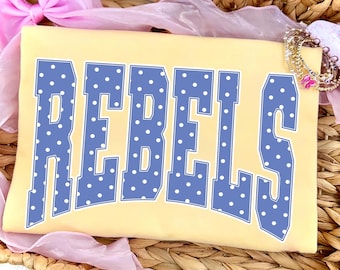 Rebels PNG, Blue Polka Dot Rebels Mascot PNG, Varsity Team Spirit Shirt Design, School Spirit Game Day Sublimation PNG