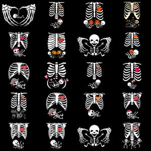 Può includere: Uno sfondo nero presenta una griglia di disegni di scheletri bianchi. Ogni disegno di scheletro ha un tema unico, tra cui cuori, zucche e scheletri di bambini. I disegni sono perfetti per Halloween o prodotti a tema spettrale.