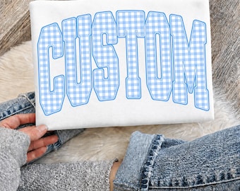 Custom Name PNG, Blue Gingham Custom Team Name PNG, Checkered Varsity School Spirit Game Day Shirt Design, Sublimation PNG