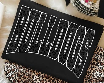 Bulldogs PNG, Black Leopard Bulldogs Mascot PNG, Varsity School Spirit Game Day Shirt Design, Team Spirit Sublimation PNG