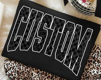 Custom Mascot Name PNG, Black Checkered Leopard Mascot Name PNG, Varsity School Spirit Team Name Shirt Design, Game Day Sublimation PNG