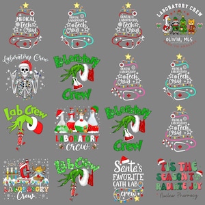 Könnte beinhalten: Eine Sammlung von weihnachtlichen Designs für Laborpersonal. Die Designs umfassen Weihnachtsbäume, Grinch-Hände, Laborausrüstung und Texte wie "Medical Tech Crew" und "Laboratory Crew". Die Farbpalette umfasst Rot, Grün und Weiß.