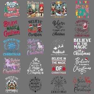 Può includere: Una collezione di grafiche a tema natalizio con la frase "Believe in the Magic of Christmas". I disegni includono Babbo Natale, unicorni, fiocchi di neve e alberi di Natale. I disegni sono in vari colori, tra cui rosso, verde e bianco.