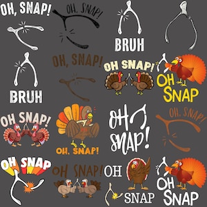 May include: A repeating pattern on a gray background features wishbones, turkeys, and the phrases "OH, SNAP!" and "BRUH" in various fonts and colors. The turkeys have orange and brown feathers.