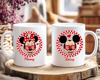 Disney Valentine Mug, Heart Glasses Mickey Minnie Donald Goofy Pluto Daisy, Custom Name Coffee Cup, Couple Gift, Best Friend Mug