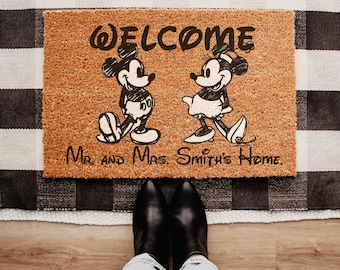 Personalized Disney Welcome Doormat, Mr and Mrs Home Mat, Custom Couple Door Mat, Mickey Mouse Inspired Doormat, Newlywed Gift