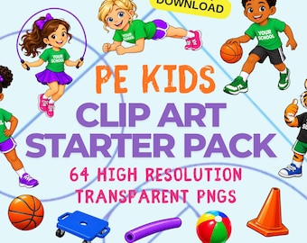 Physical Education Kids Clipart Bundle, 64 Transparent PNGs for Elementary PE Teachers