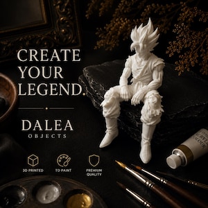 Può includere: Una statuetta bianca stampata in 3D di un personaggio con capelli a punta in posizione seduta. Il testo recita CREATE YOUR LEGEND. DALEA OBJECTS. 3D PRINTED TO PAINT PREMIUM QUALITY. Pennelli e una tavolozza sono visibili vicino alla statuetta.