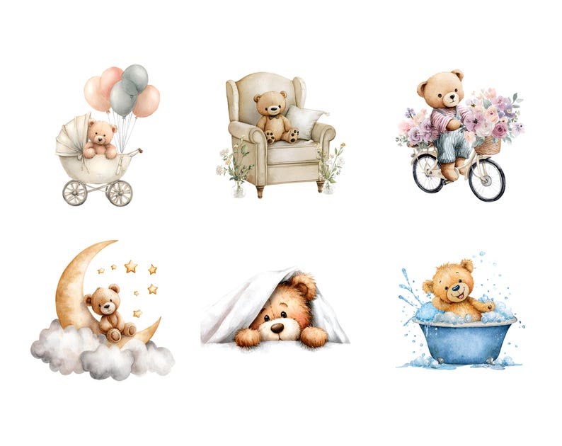 Watercolor Teddy Bear Clipart Bundle Png, Beige Nursery Art Clipart ...