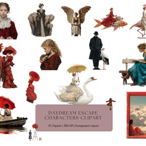 Pode incluir: Uma coleção de clip art digital caprichosa com tema vintage. As ilustrações apresentam figuras com asas de anjo, montando um peixe e em um cisne, juntamente com outros personagens da era vitoriana. A paleta de cores é suave, com vermelhos, azuis e cremes.