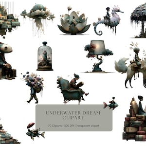 May include: A collection of whimsical digital illustrations featuring surreal scenes. The images include figures riding seahorses, sitting under trees, and reading books. The color palette is muted with soft blues, greens, and browns. Text reads "UNDERWATER DREAM CLIPART".