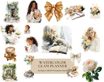 Watercolor Glam planner Clipart Bundle, Self Care Clipart Bundle, Morning Routine Clipart Bundle, coffee, Coquette