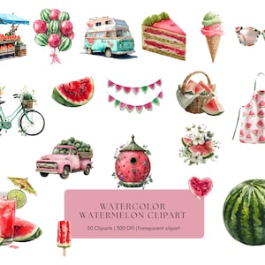 Watercolor Watermelon Bundle, Illustration Of Watermelon Slices With Vibrant Pink And Green Colors In A Fresh Fruity Design Commercial Use