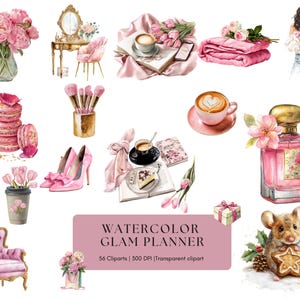 Puede incluir: Ilustraciones en acuarela de varios artículos femeninos, incluyendo peonías rosas en un jarrón, un tocador con espejo, macarons, brochas de maquillaje, tacones altos, un frasco de perfume y un ratón con una galleta. El texto "Watercolor Glam Planner" también está presente.