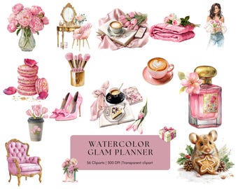 Watercolor Glam Clipart Bundle, Morning Routine Clipart Bundle, Self Care, Glam Pink Clipart Bundle