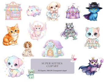 Può includere: Una collezione di illustrazioni ad acquerello con adorabili animali ed elementi stravaganti. Include un cucciolo, un gattino, un gufo e un procione, ognuno con costumi e accessori unici. Presenta anche un tendone da circo, un negozio e una casa.