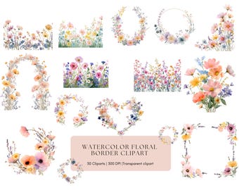 Floral Border Clipart Png, Floral Border Clipart With Decorative Flower Frame Bundle (Commercial Use, Digital)