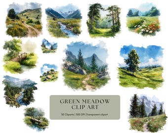 Pacchetto di clipart di prati verdi ad acquerello, pacchetto di clipart di scene di paesaggi naturali, clipart di carta per scrapbooking
