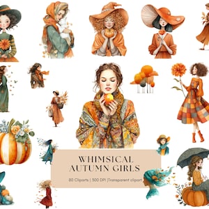 Watercolor Autumn Girls Clipart: Whimsical Scrapbooking PNG Bundle (Digital Download)