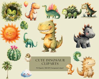 Watercolor Dinosaur Clipart Bundle: 70 Baby Dino PNGs (Digital Download)