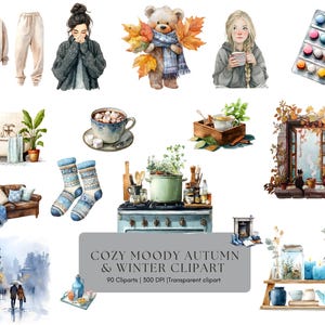 May include: Watercolor clipart set featuring cozy autumn and winter themes. Includes illustrations of a hoodie and sweatpants, a woman in a sweater, a teddy bear with fall leaves, a woman with a mug, a blister pack of pills, a bathtub, a cup of hot chocolate, socks, a sofa, a stove, and a window.
