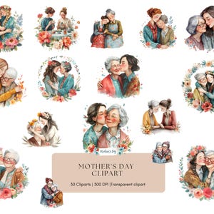 Puede incluir: Conjunto de imágenes prediseñadas de acuarela con ilustraciones de madres e hijas abrazándose, rodeadas de arreglos florales. Las imágenes están en colores pastel suaves, con un enfoque en el vínculo entre los miembros de la familia. También se incluye el texto "Mother's Day Clipart".