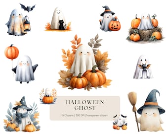 Watercolor Ghost Clipart Bundle: Spooky Halloween PNG Graphics (4096x4096 px)