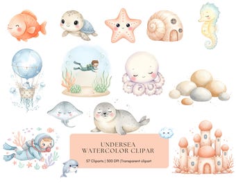 Unterwasser Aquarell Clipart Png, Oktopus, Qualle, Wal, niedliche Ozean Tiere Unterwasser digitale Clipart mit Meereselementen