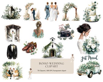 Aquarell Boho Hochzeit Clipart Bundle, süßes Boho Hochzeit Clipart Bundle, Grafiken für Einladungen, Karten, Geschenke, Kunsthandwerk DIY