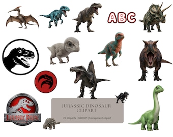 Jurassic Dinosaur Clipart Bundle, Cartoon T-Rex & Jungle Elements (PNG, Digital Download)