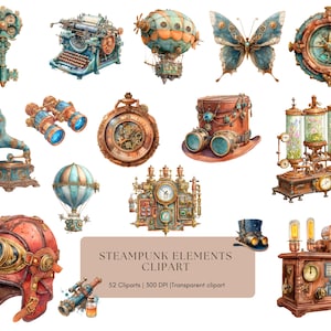 Może przedstawiać: Kolekcja elementów graficznych w stylu steampunk. Zawiera klucz, maszynę do pisania, balony na ogrzane powietrze, motyla, kompas, gramofon, lornetkę, zegarek kieszonkowy, cylinder z goglami i inne urządzenia mechaniczne. Tekst brzmi "Steampunk Elements Clipart".