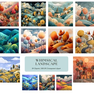May include: A collection of whimsical landscape clip art illustrations. The art features colorful houses, trees, and rolling hills in a watercolor style. The text reads "WHIMSICAL LANDSCAPE" with details about the set.
