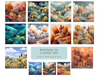 Watercolor Whimsical Landscape Clipart Bundle: Fantasy Illustrations (PNG)