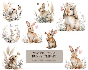 Pacote de clipart de coelho em aquarela: gráficos para chá de bebê (download digital)