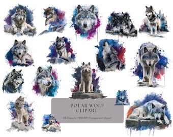 Watercolor Polar Wolf Clipart Bundle, Cute Polar Wolf Clipart Bundle, (Commercial Use, Digital)