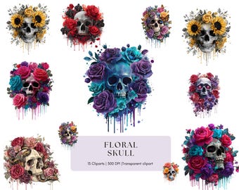 Paquete de imágenes prediseñadas de calaveras florales en acuarela: archivos PNG (descarga digital)