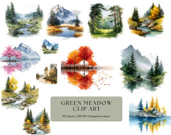 Watercolor Lake Landscape Clipart Bundle, River Lake Landscape Clipart Bundle, Forest Landscape Png Bundle