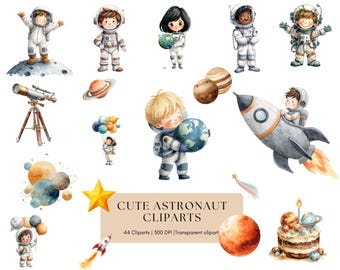 Paquete de imágenes prediseñadas de astronautas en acuarela: Ilustraciones espaciales (Descarga digital)