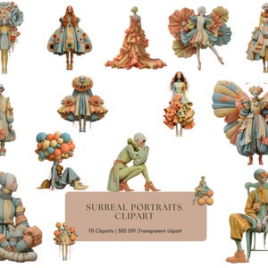 Puede incluir: Una colección de retratos surrealistas en colores pastel. Las figuras visten trajes elaborados y caprichosos con elementos florales, de mariposas y de globos. El texto "Surreal Portraits Clipart" se muestra sobre un fondo rectangular.