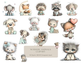 Nursery Animals Clipart Png, Cute Nursery Animal Digital Clipart For Kids Designs, Bundle (Commercial Use, Digital)